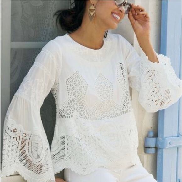 Soft Surroundings PM Petite Arlette Blouse Crochet Lace Embroidered Bell Sleeve - Picture 1 of 16